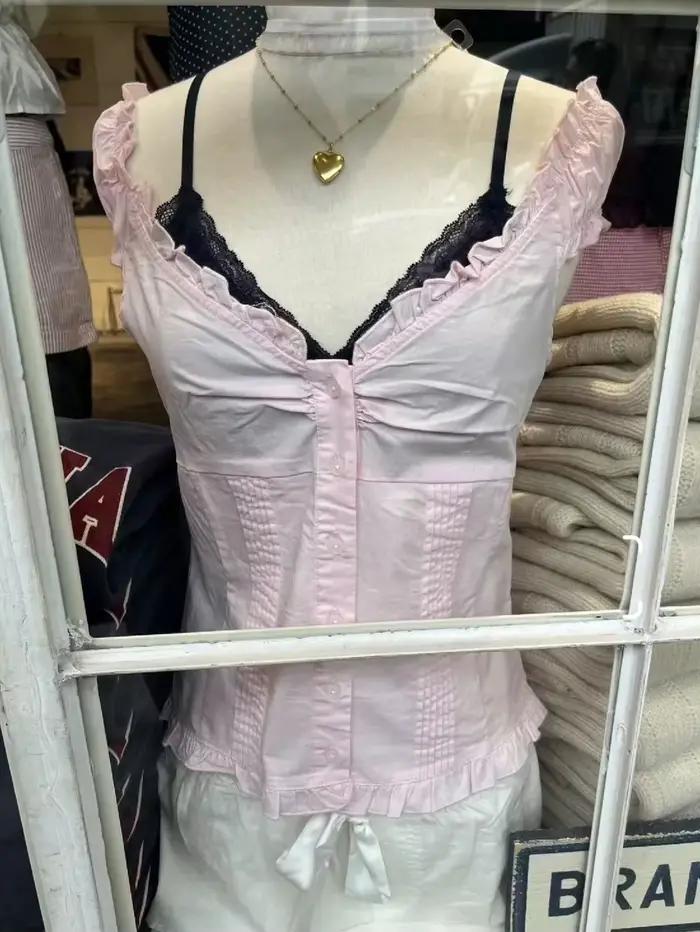 Volants doux rose T-shirt Blouse femme été simple boutonnage plis manches courtes bouffantes mince T