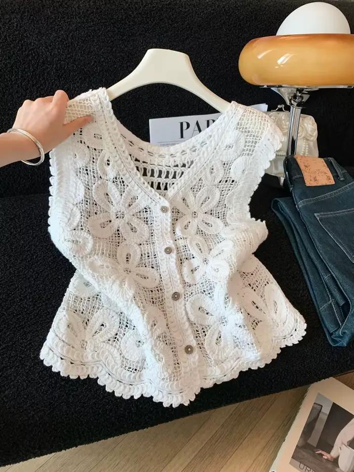 Gilet sans manches en dentelle florale au crochet, cardigan transparent en maille ouverte boutonnée,