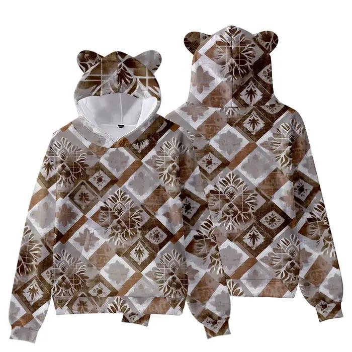 Sweat à capuche imprimé Hibiscus avec oreilles d'ours pour femme, sweat-shirt d'automne et d'hiver,