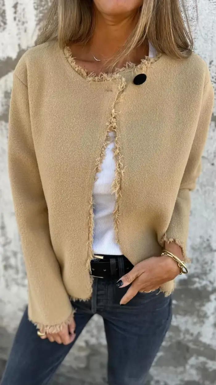 Manteau en Tweed à manches longues et col rond pour femme, Blazer surdimensionné et décontracté, ten