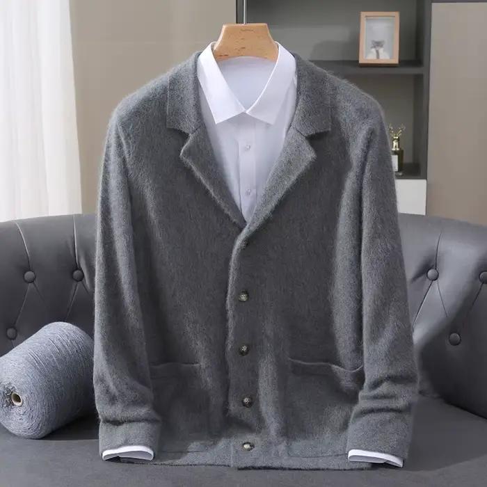 MVLYFLRT hommes 100% vison cachemire Cardigan épais tricot pull col de costume Premium chaud vêtemen