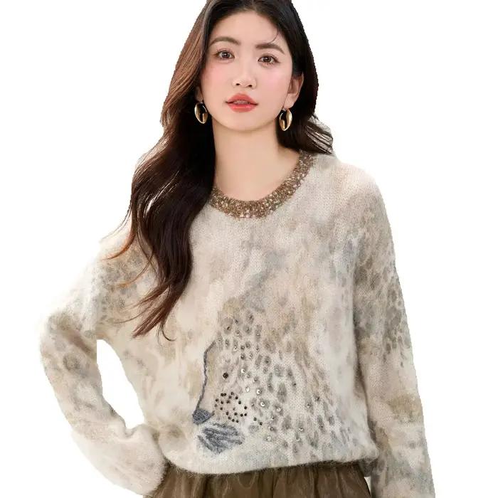 2025 Style français polyvalent minceur imprimé léopard pull en tricot femmes lourd métal paillettes