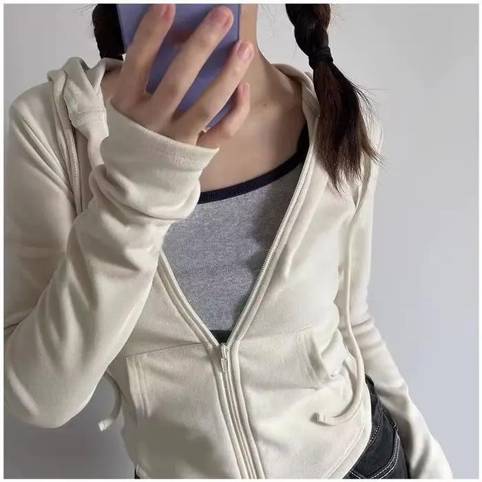 Veste courte à capuche zippée pour femme, style Y2K, streetwear, sport, printemps automne, polyester coton, col en V, poches pratiques, taille large, multiple couleurs, pour femmes adultes