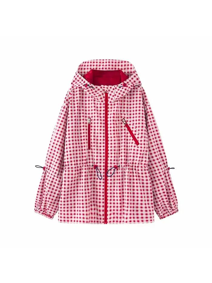 Veste à capuche à carreaux pour femme avec cordon de serrage à la taille