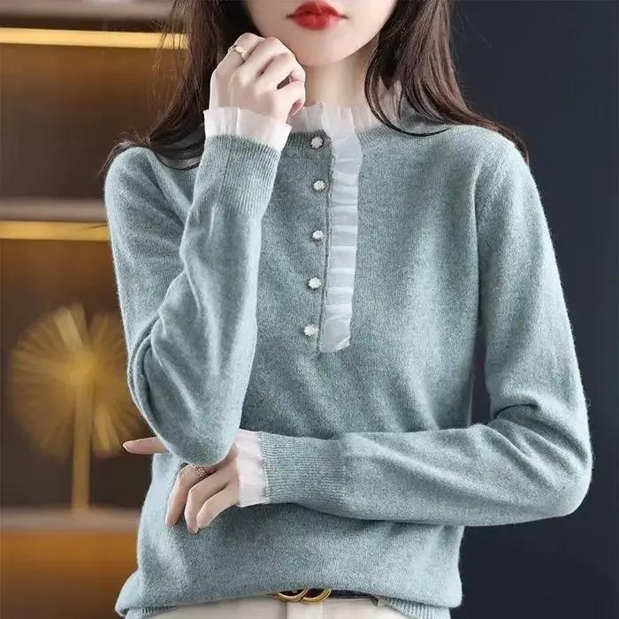Pull en dentelle à manches longues pour femmes, pull décontracté, vêtements côtelés, automne, hiver, nouveau, 2023