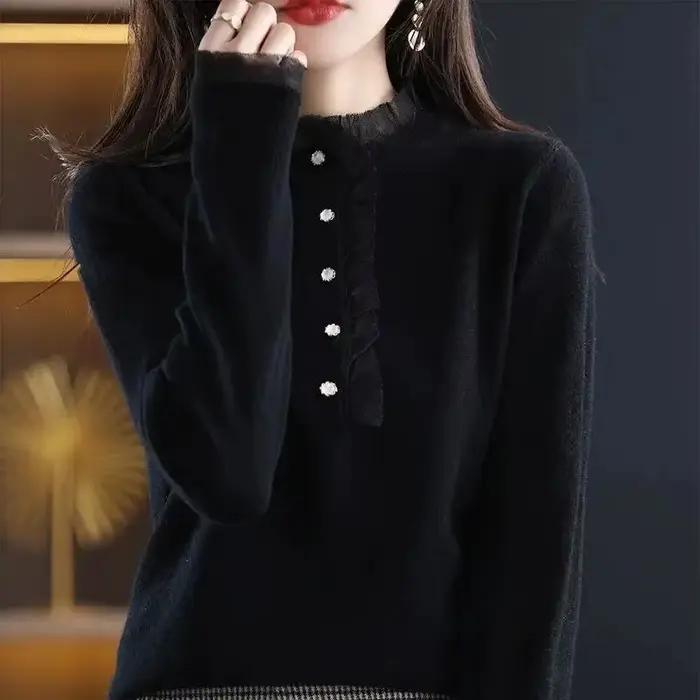 Pull en dentelle à manches longues pour femmes, pull décontracté, vêtements côtelés, automne, hiver, nouveau, 2023