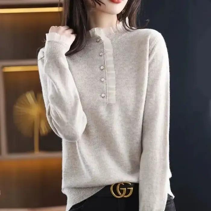 Pull en dentelle à manches longues pour femmes, pull décontracté, vêtements côtelés, automne, hiver, nouveau, 2023