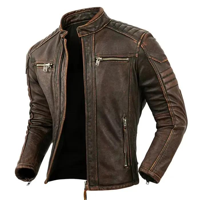 Veste de moto à col montant en cuir de vachette naturel pour hommes, vêtements de motard, marron rétro, première couche, cuir de veau