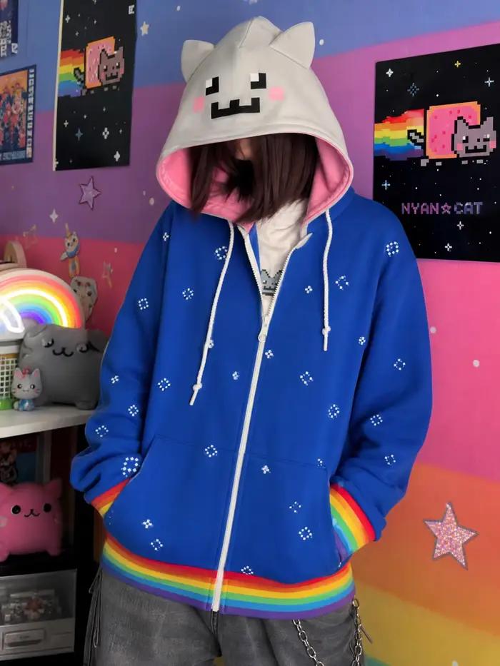 Sweat-shirt à capuche brodé avec fermeture éclair bleue Nyan Cat