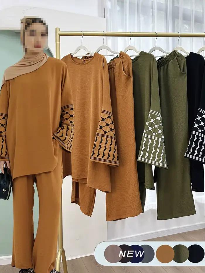 Abayas musulmanes pour femmes, haut brodé turc du Moyen-Orient, pantalon long à jambes larges, ensemble de vêtements islamiques du Ramadan, 2 pièces