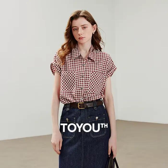 TOYOUTH femmes Blouse chemise 2025 été nouveau rétro Plaid à manches courtes décontracté polyvalent