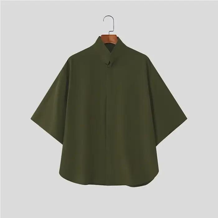 Chemise décontractée pour homme style japonais à col montant et manches courtes