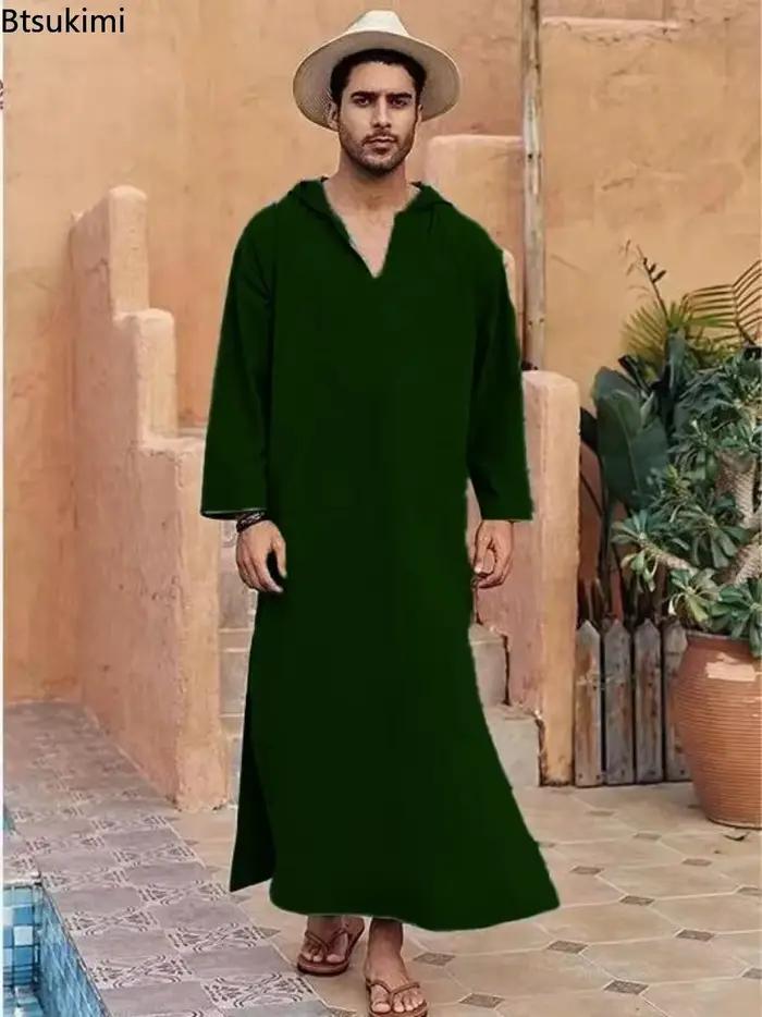 Nouvelle Robe Musulmane 2026 Couleur Unie Rétro Vêtement Islamique Arabe Homme Décontracté Coton Lin Longue Tunique Caftan Moyen-Orient Abayas