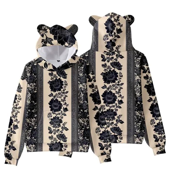 Sweat à capuche imprimé Hibiscus avec oreilles d'ours pour femme