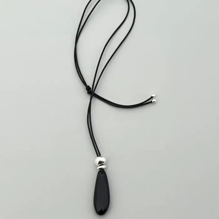 Chaîne de pull en Agate noire en forme de gouttelette d'eau pour femmes