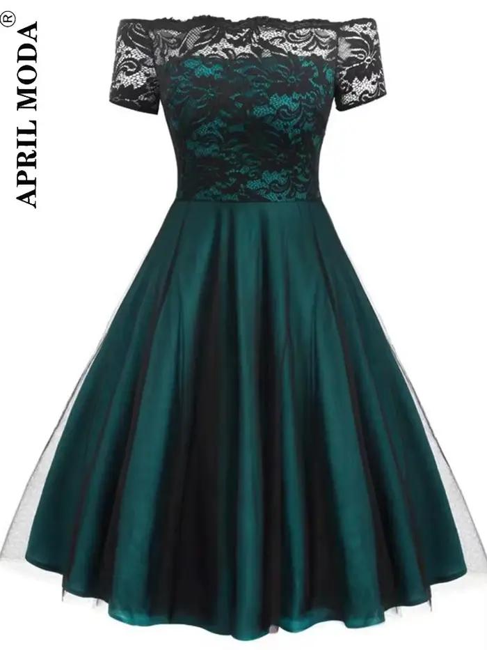 Femmes Vintage robe en dentelle formelle rouge noir vert Slash cou Tulle Midi Jurken Chic rétro gothique années 50 robes trapèze vêtements de fête