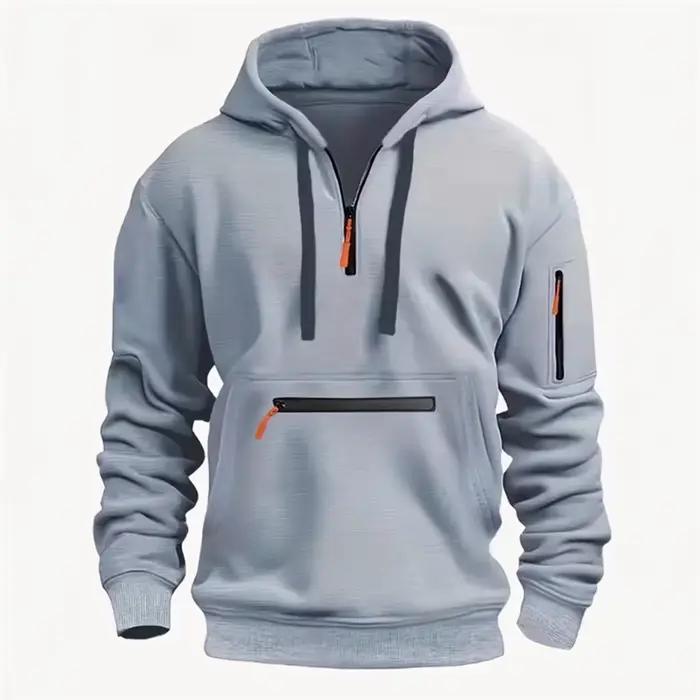 Sweat-shirt à capuche demi-zip homme décontracté avec design multi-poches pour automne et hiver occasiонаs sportives et plein air