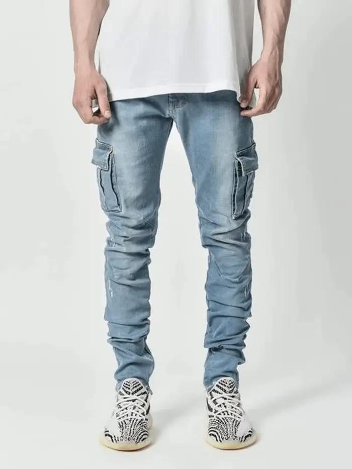 2025 nouveaux hommes rue élastique Denim marque jean jambes étroites Multi poches Cargo pantalon décontracté coupe ajustée usage quotidien Joggers taille moyenne