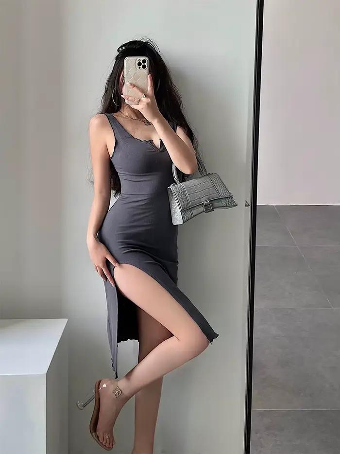 TVVOVVIN Pure Sexy fille chaude serré élastique mince Sexy haute fente fesse fond gilet robe robes débardeurs doux 51RU