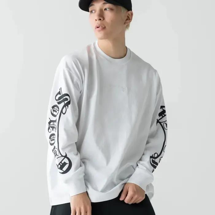 T-shirt à manches longues surdimensionné pour homme, imprimé script gothique, col rond, streetwear japonais, tee-shirt décontracté, mode, gym, fitness, entraînement