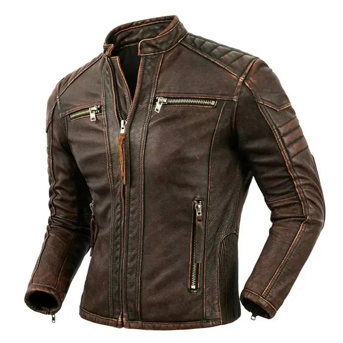 Veste de moto à col montant en cuir de vachette naturel pour hommes, vêtements de motard, marron rétro, première couche, cuir de veau
