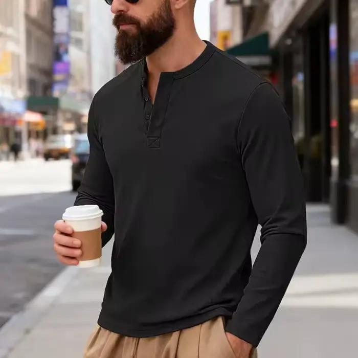 T-shirt Henley Homme Polyester Décontracté Pour Activités Printemps Automne Manches Longues Bleu Ciel Noir Occasionnels Casual