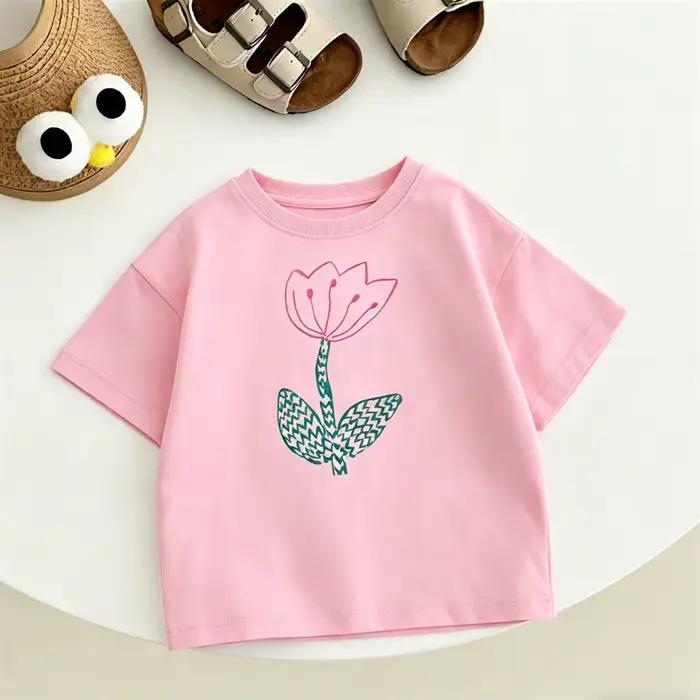 T-shirt Enfant Rouge Rose Marron Nouveau Design 2026 – Hauts d'Été pour Enfants en Coton Pur
