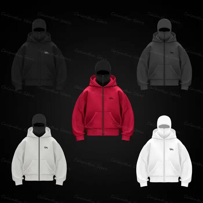 Nouveaux hommes cagoule sweat à capuche zippé hiver chaud sweat-shirt décontracté avec masque facial à capuche conception de fermeture éclair veste de sport activités de plein air
