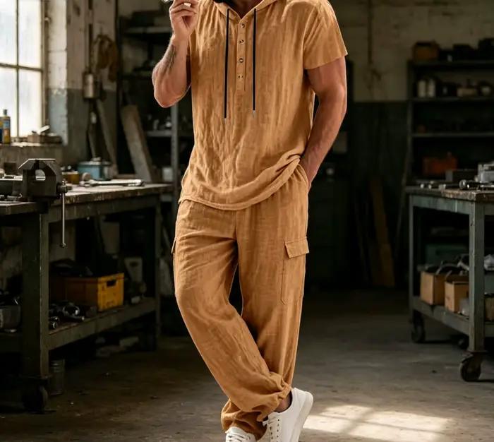 Ensemble décontracté d'été pour homme en lin 2 pièces : sweat à capuche à manches courtes et pantalon ample