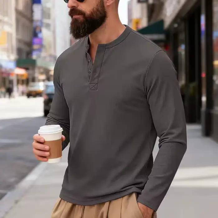 T-shirt Henley Homme Polyester Décontracté Pour Activités Printemps Automne Manches Longues Bleu Ciel Noir Occasionnels Casual