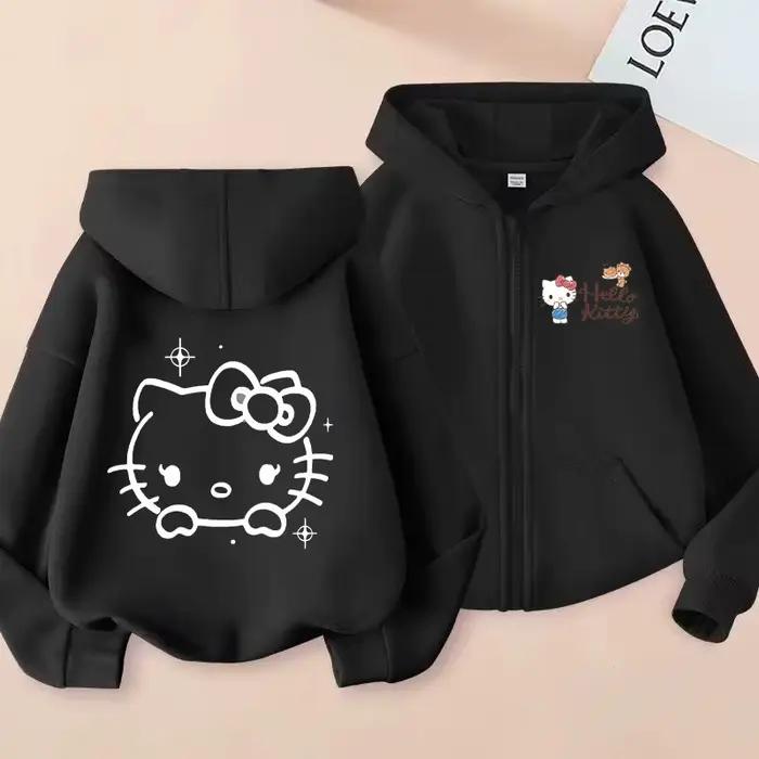 Veste pour filles Hello Kitty, manteau à fermeture éclair, pull imprimé chat de dessin animé, sweat à capuche fin pour printemps et automne, vêtements d'extérieur en coton, cadeaux d'anniversaire