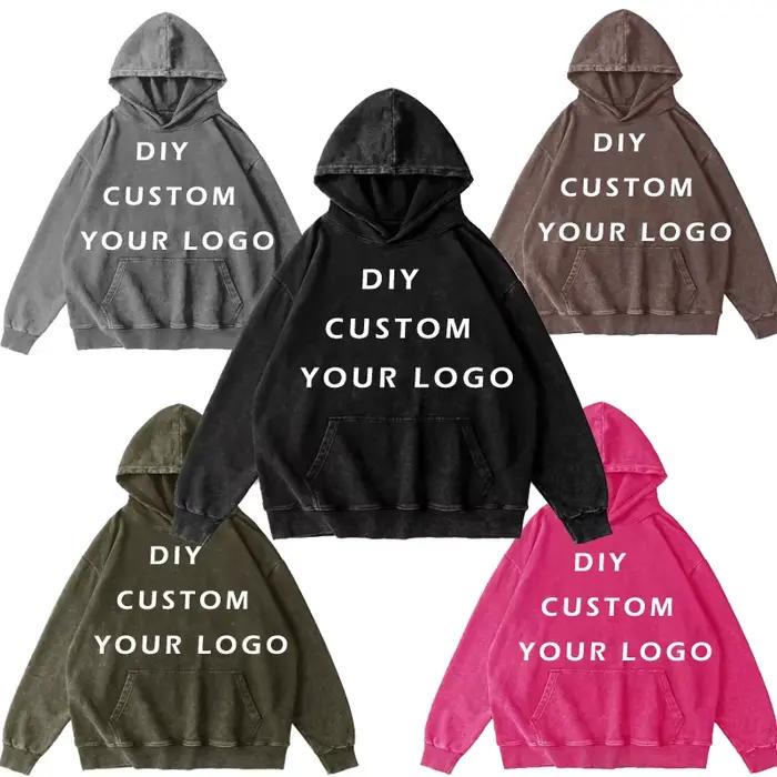Sweat à capuche vintage personnalisé en coton délavé pour hommes, style hip-hop, impression numérique, logo/image/texte personnalisable, confort durable, quatre saisons