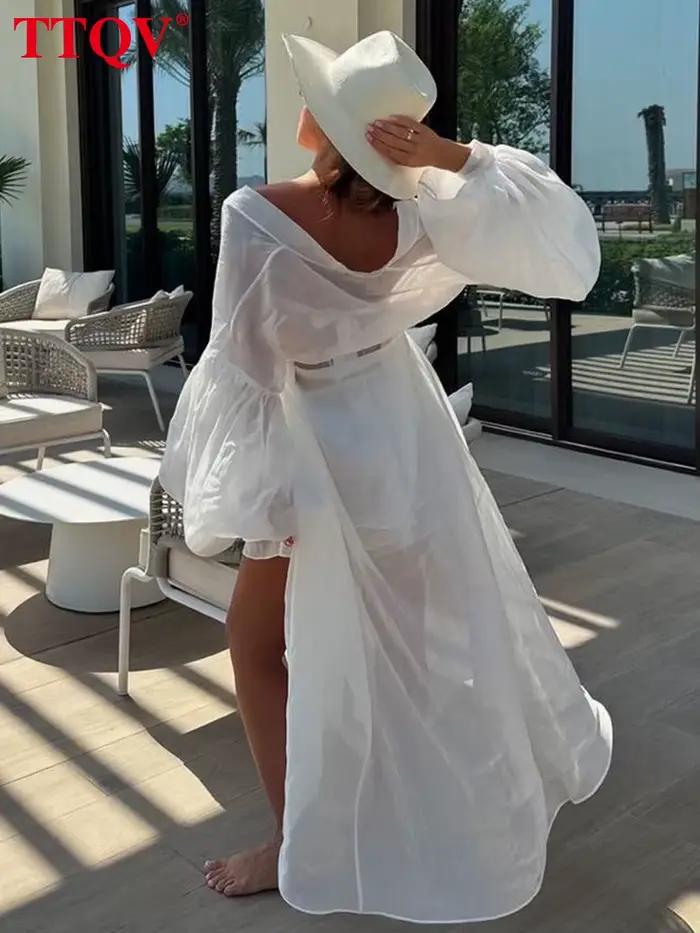 TTQV décontracté ample blanc 2 pièces ensembles femmes tenue 2025 élégant à manches longues Robes avec taille moyenne Shorts ensemble vêtements féminins