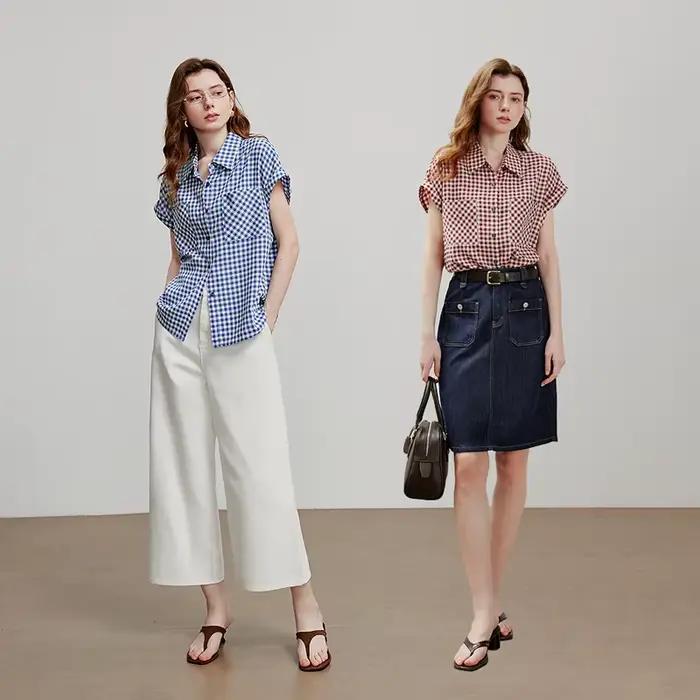 TOYOUTH femmes Blouse chemise 2025 été nouveau rétro Plaid à manches courtes décontracté polyvalent