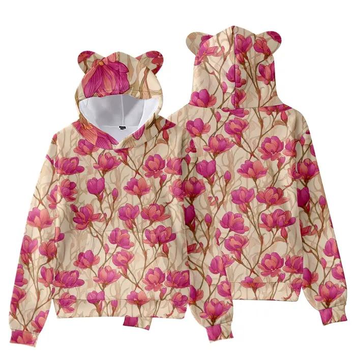 Sweat à capuche imprimé Hibiscus avec oreilles d'ours pour femme