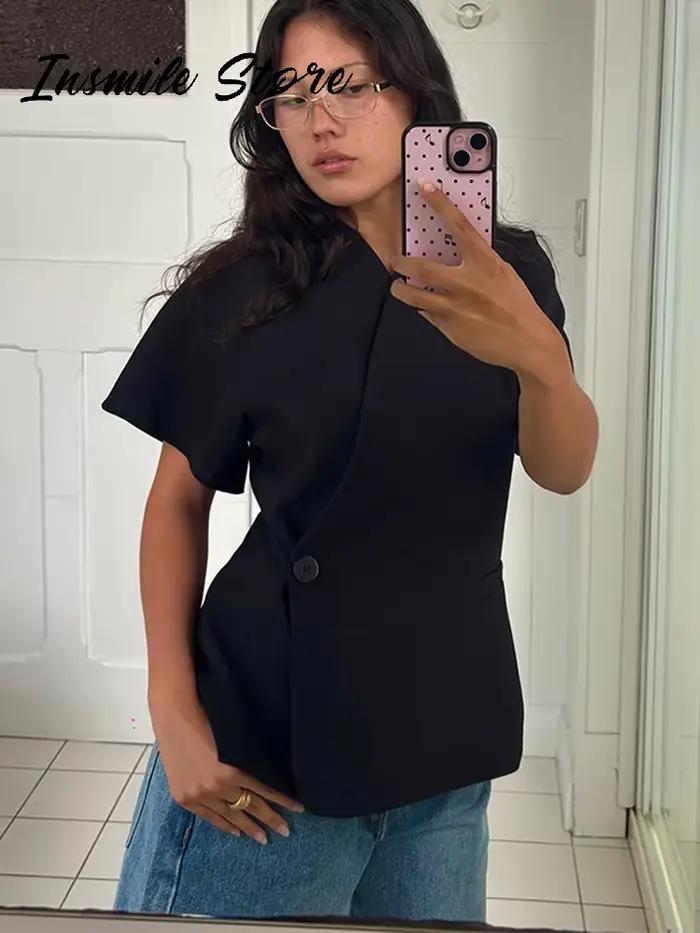 Blazer décontracté à manches courtes pour femme, col en V uni, cintré à la taille, veste de costume à un bouton, nouvelle collection été 2026, élégant pour le quotidien