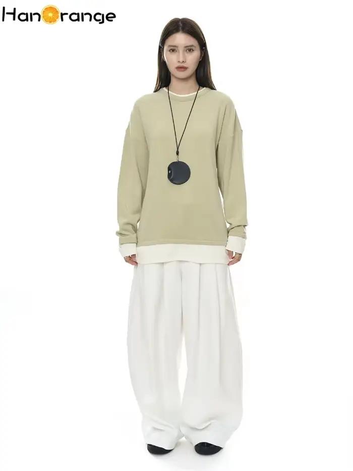 T-shirt en molleton brossé effet deux pièces HanOrange pour femme, coupe ample et chaude, noir/gris clair/vert, normcore minimaliste, printemps automne, confort quotidien et occasions spéciales