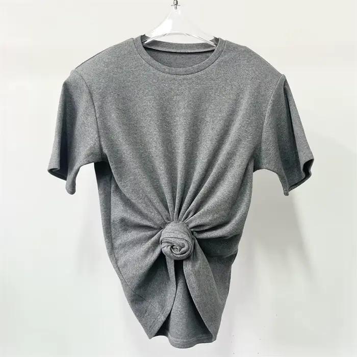 T-shirt femme élastique tricoté coupe ajustée col rond haut court pur coton pour l'été 2025 occassions spéciales juniors jogging style décontracté