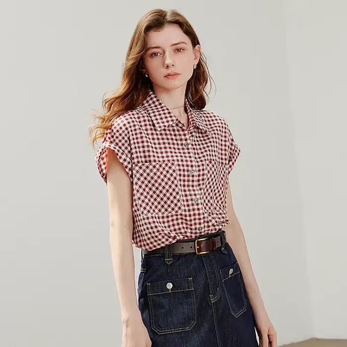 TOYOUTH femmes Blouse chemise 2025 été nouveau rétro Plaid à manches courtes décontracté polyvalent