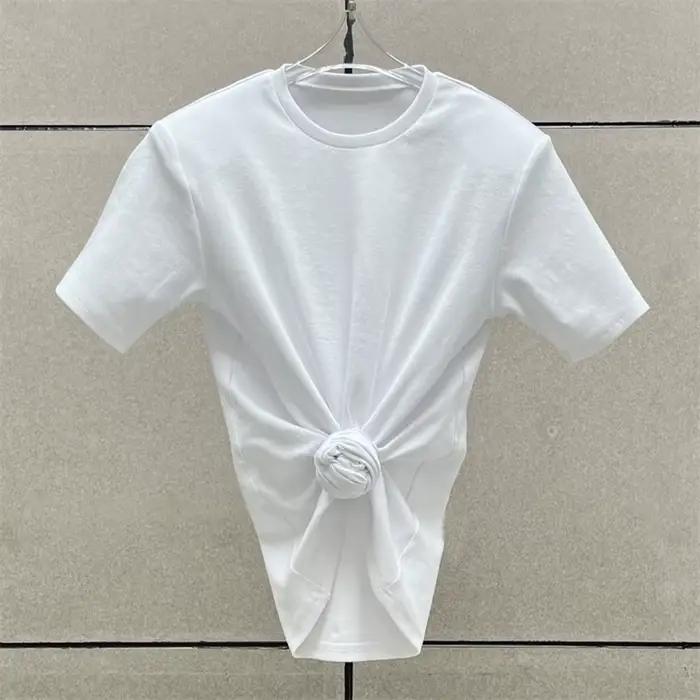 T-shirt femme élastique tricoté coupe ajustée col rond haut court pur coton pour l'été 2025 occassions spéciales juniors jogging style décontracté