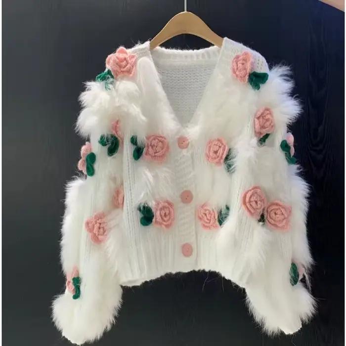 Pull femme nouveau doux Rose fleurs crochet fleur