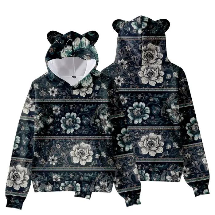Sweat à capuche imprimé Hibiscus avec oreilles d'ours pour femme