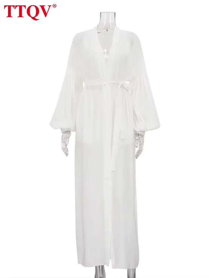 TTQV décontracté ample blanc 2 pièces ensembles femmes tenue 2025 élégant à manches longues Robes avec taille moyenne Shorts ensemble vêtements féminins