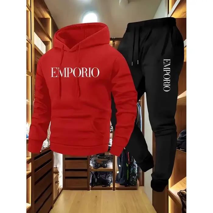 Ensemble jogging décontracté vert olive pour homme avec sweat à capuche EMPORIO imprimé et haut multi-poches pour les sports et les quatre saisons