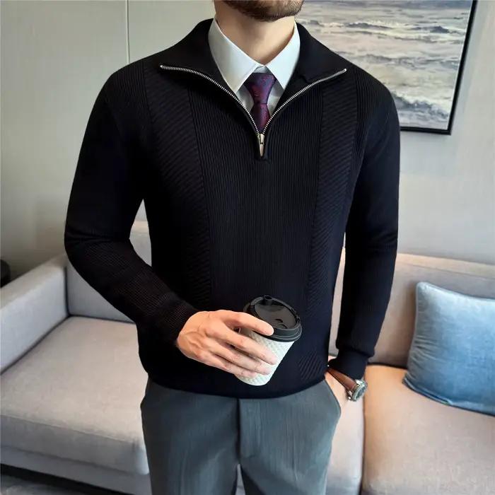 Pull en tricot semi-zip pour hommes - Blanc (gris/noir) Tissu de poids d'hiver Col semi-haut à la mode Usage quotidien