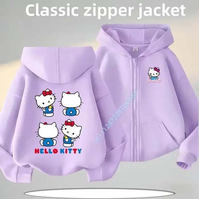 Veste décontractée pour fille avec imprimé de dessin animé Hello Kitty pour l'automne et l'hiver, chemise à capuche avec fermeture éclair pour enfants, chemise de sport pour garçon