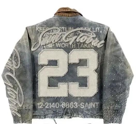 Veste marron délavée rétro américaine Y2K pour hommes, vêtements avec lettres brodées, paillettes et strass, manteaux surdimensionnés, haut décontracté