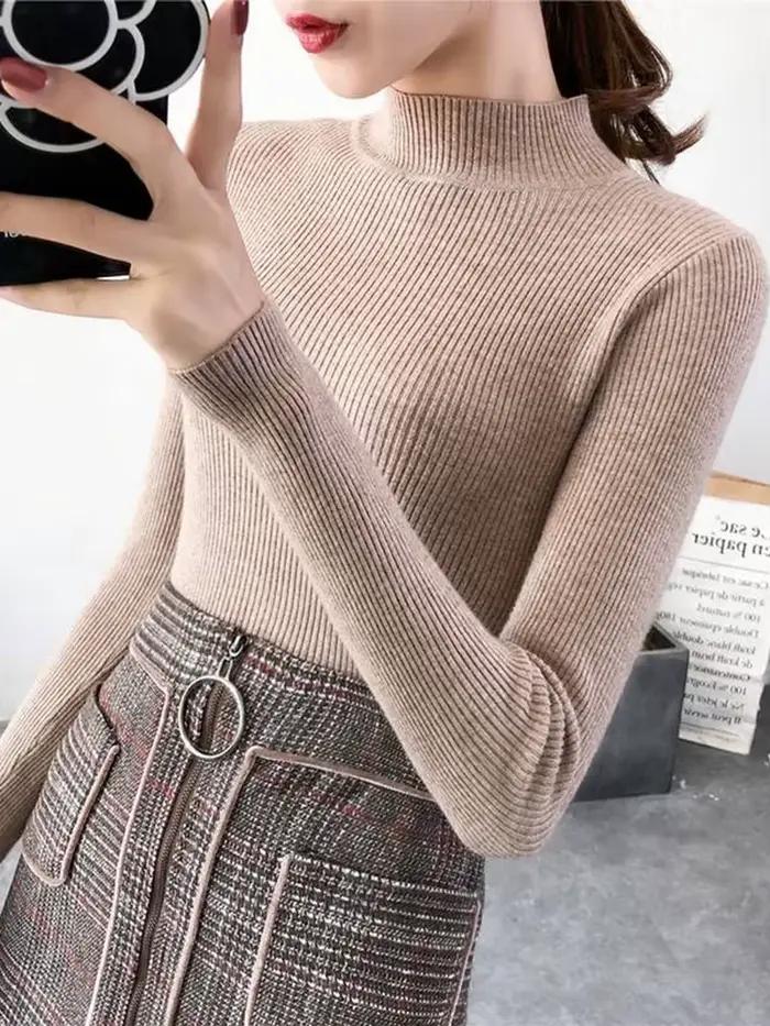 Automne hiver col montant femmes pull Vintage basique solide tricoté hauts décontracté mince