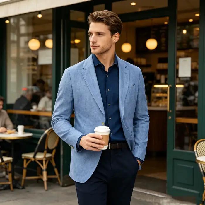 Veste de costume en lin pour hommes, couleur unie, coupe ajustée, revers cranté, poche à rabat, deux boutons, blazer léger et respirant, pour mariage d'été