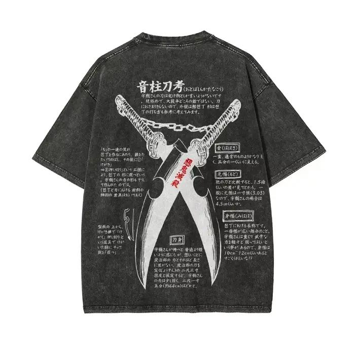 T-shirt décontracté Demon Slayer style rétro délavé à manches courtes pour homme – Confortable et populaire pour l'été